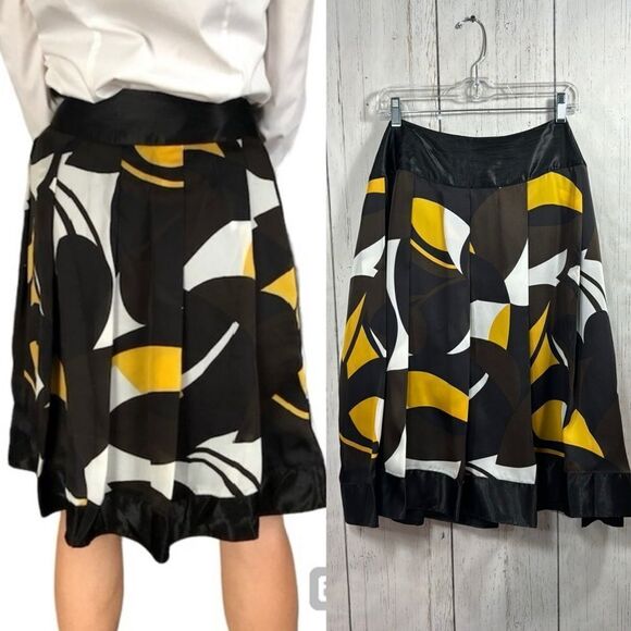 Nygard Collection Flat Pleated Silky Black Gold Waist Band A Line Midi Skirt - Picture 1 of 12